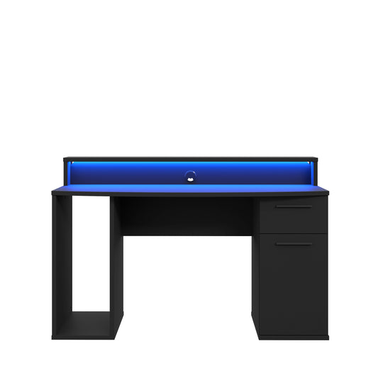 Birou Gaming Trezorio, LED-uri RGB, Negru Mat 140 Cm