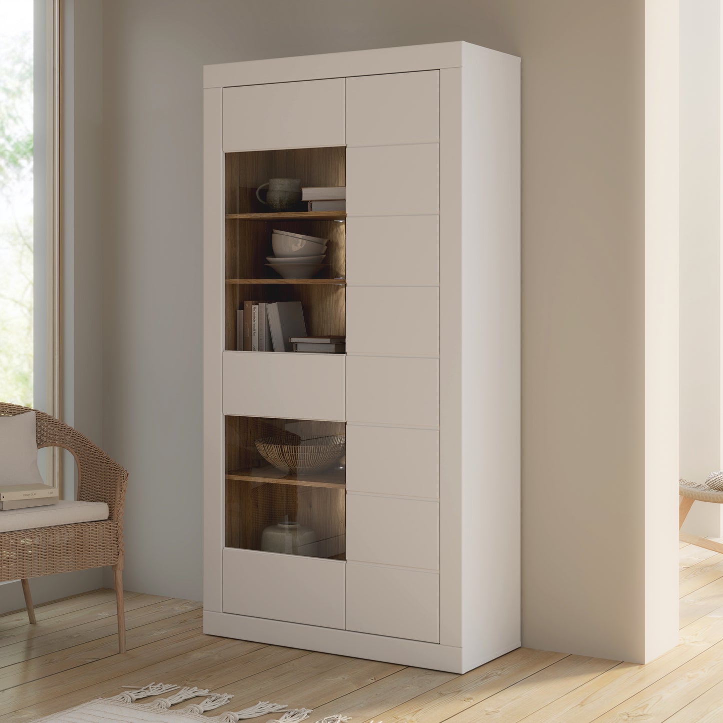 Vitrina 2 Usi Lufkira, Usi cu push-open, Alb Si Stejar Mauvella, 101 Cm