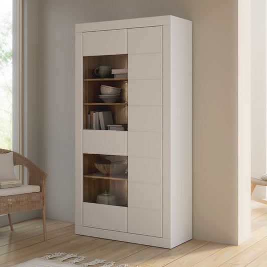 Vitrina 2 Usi Lufkira, Usi cu push-open, Alb Si Stejar Mauvella, 101 Cm