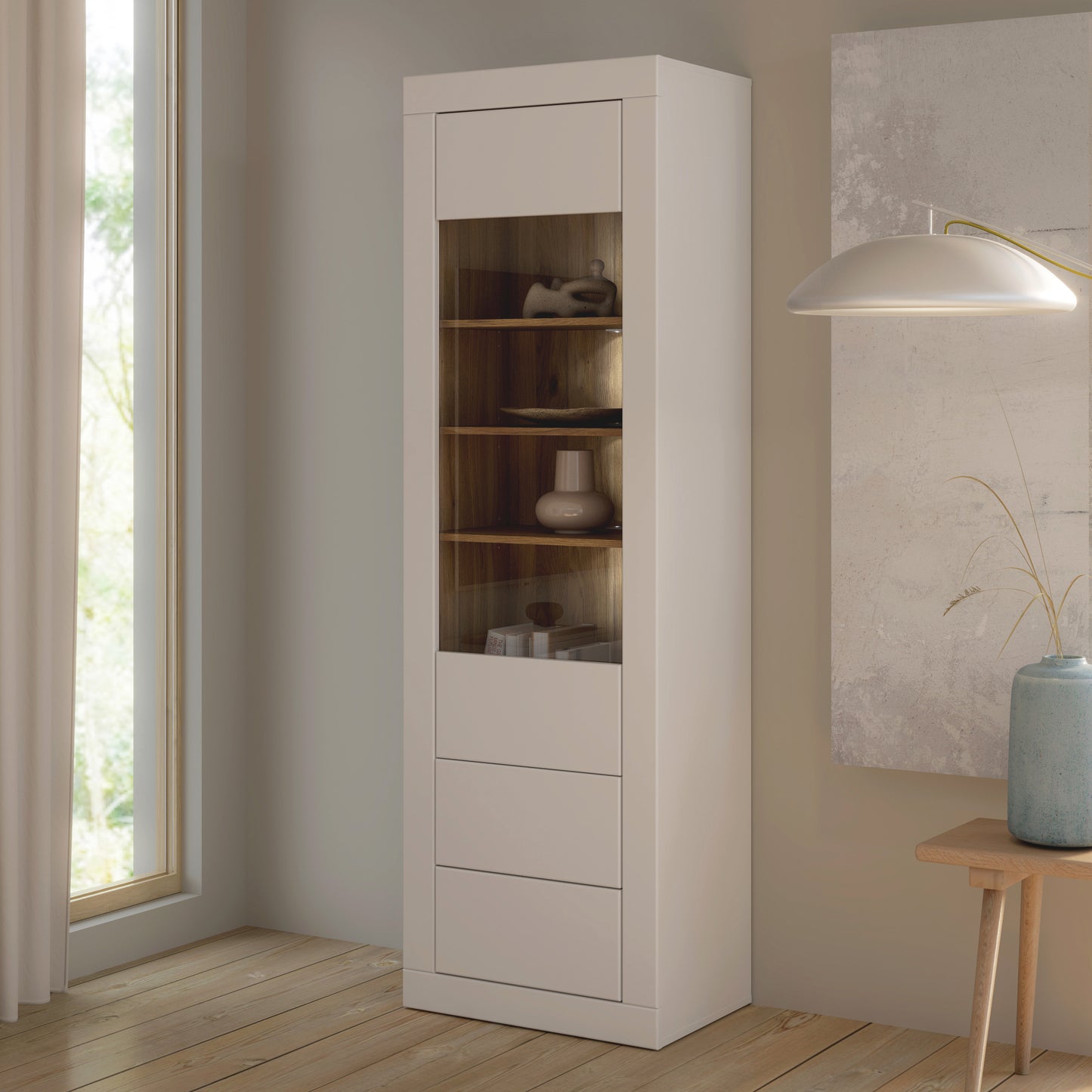 Vitrina Inalta Lufkira, 1 Usa si 2 Sertare cu push-open, Alb Si Stejar Mauvella, 61.3 Cm