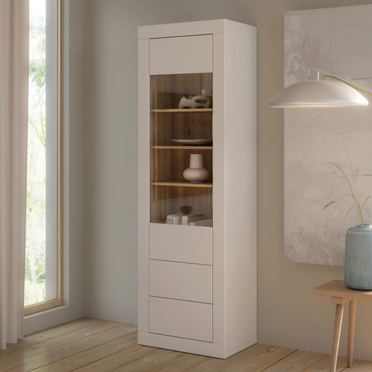 Vitrina Inalta Lufkira, 1 Usa si 2 Sertare cu push-open, Alb Si Stejar Mauvella, 61.3 Cm