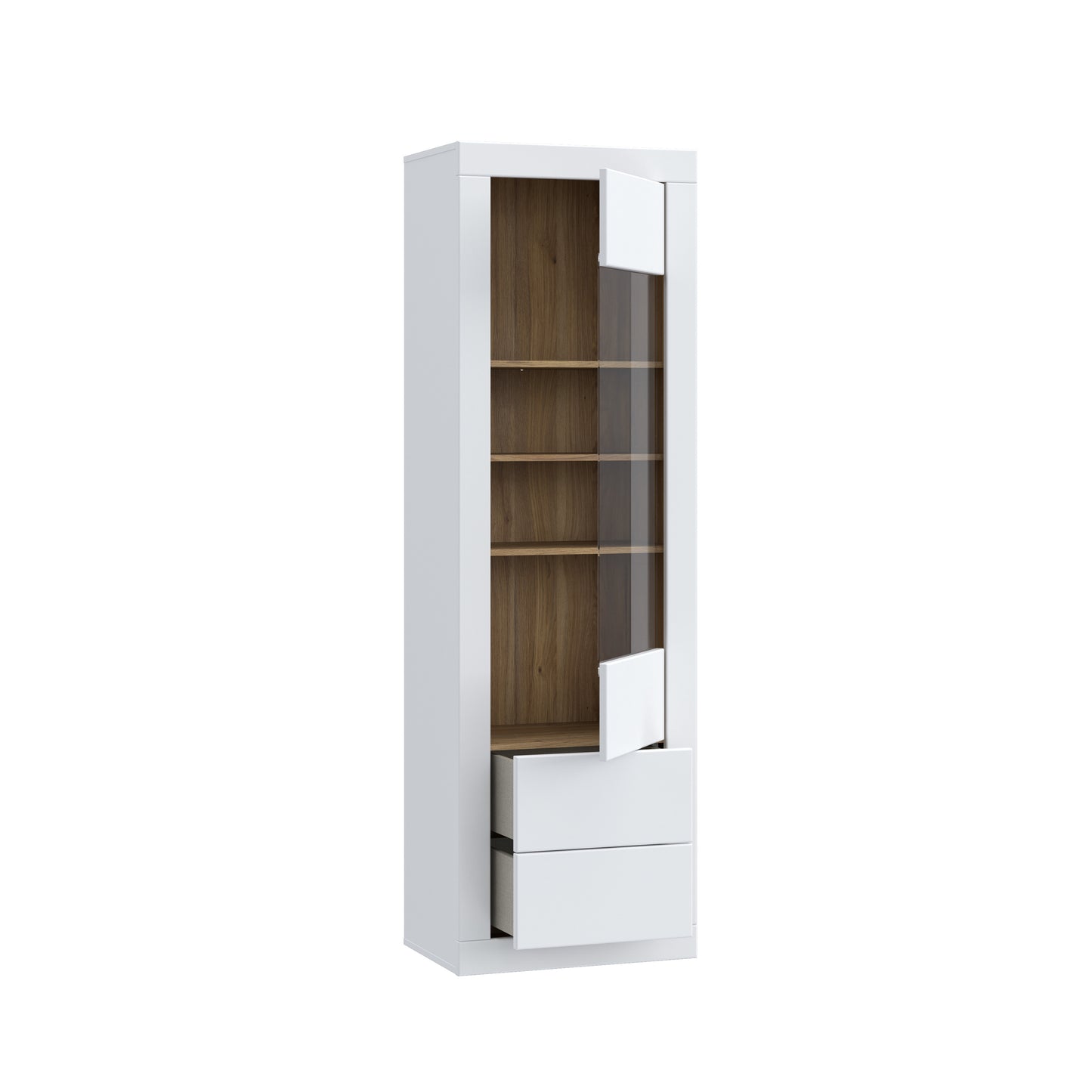 Vitrina Inalta Lufkira, 1 Usa si 2 Sertare cu push-open, Alb Si Stejar Mauvella, 61.3 Cm