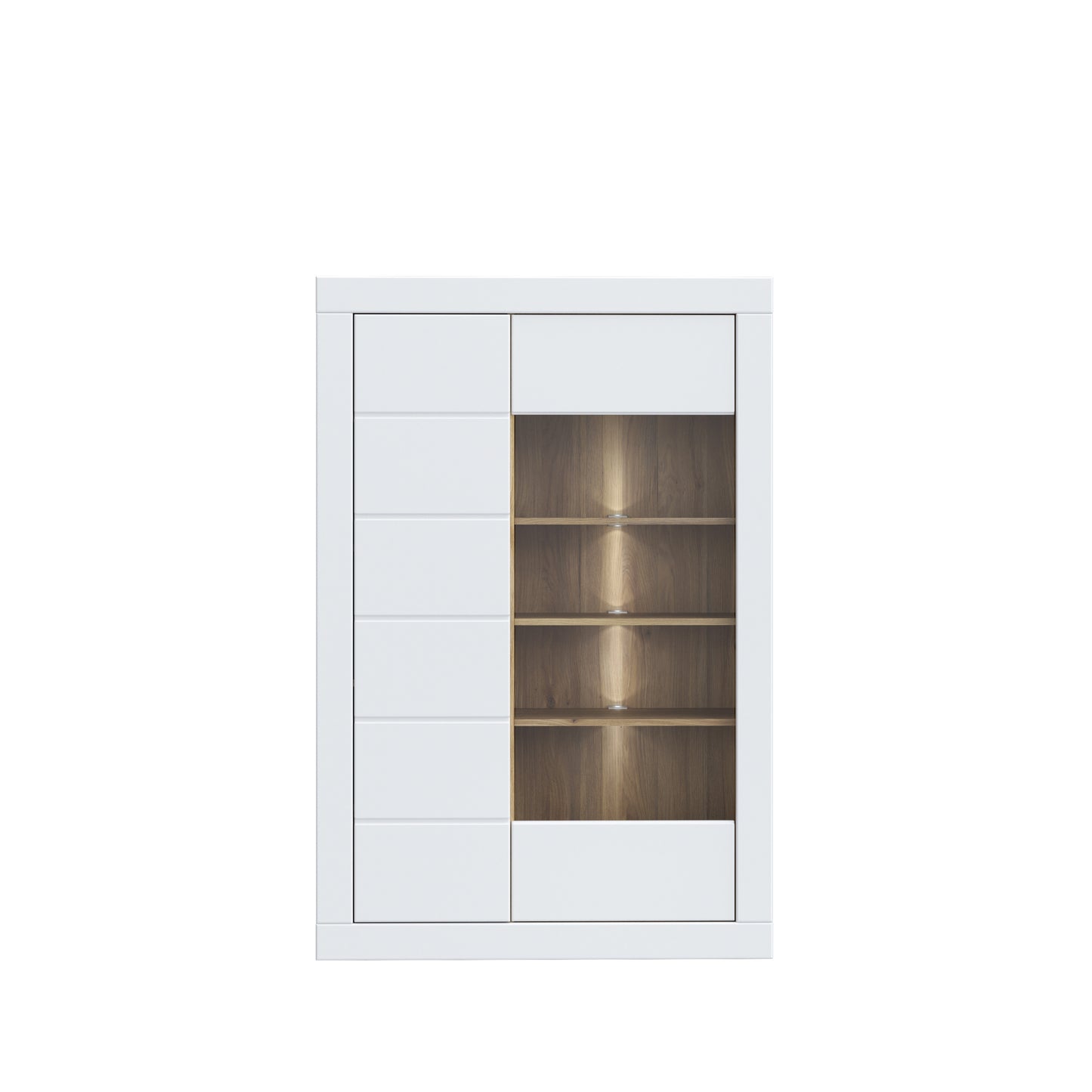 Vitrina Joasa Lufkira, Usi cu push-open, Alb Si Stejar Mauvella, 101 Cm