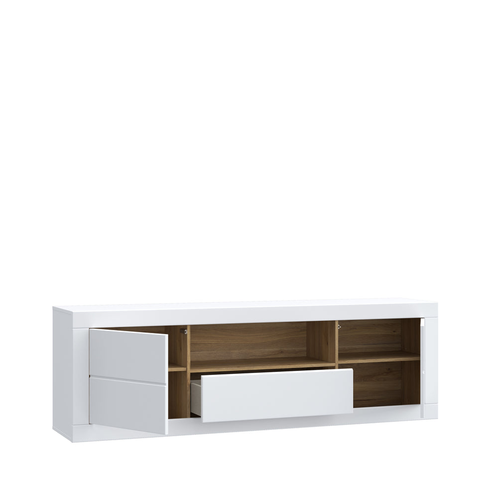 Comoda Tv Mare Lufkira,  Usa si sertare cu push-open, Alb Si stejar Mauvella, 195.4 Cm