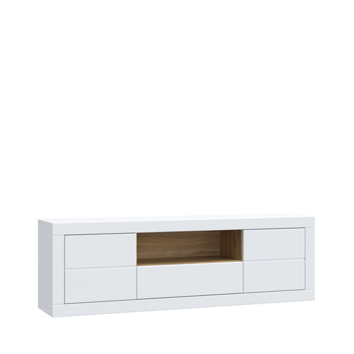 Comoda Tv Mare Lufkira,  Usa si sertare cu push-open, Alb Si stejar Mauvella, 195.4 Cm