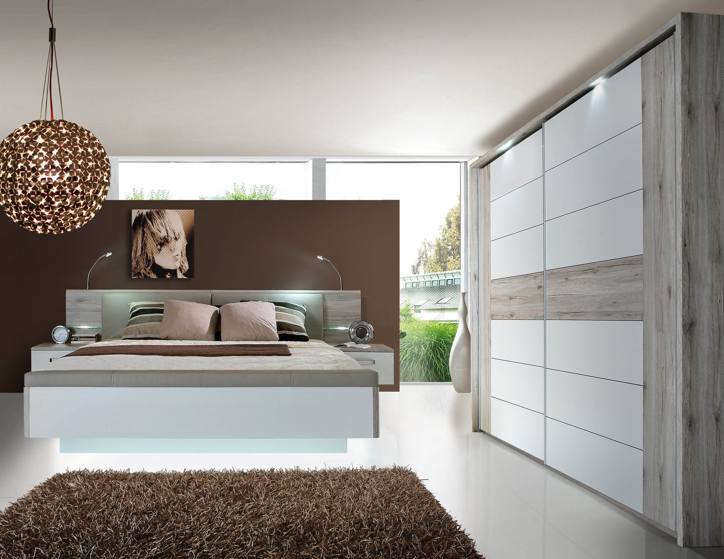 Pat Rendevous, Dimensiune Saltea 160 X 200 Cm, Cu Noptiere Si Bancheta, Stejar Nisipiu Si Alb Lucios
