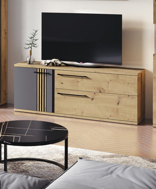 Comoda Tv Milano Stejar Artisan Si Negru, 150 Cm