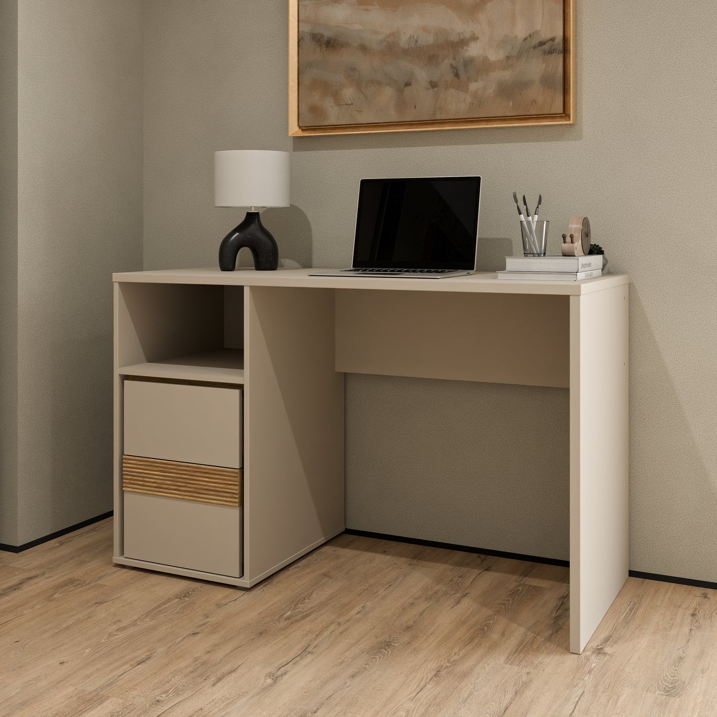 Birou Cu 2 Sertare Waxala, Stejar Mauvella Si Nisip 119.7 Cm