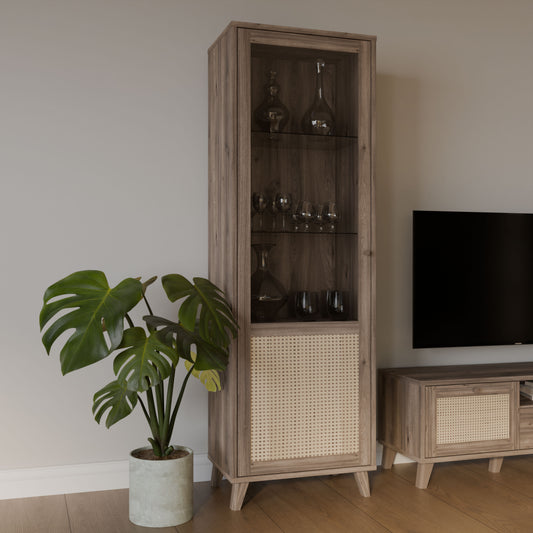 Vitrina Inalta Glowkiss, Stejar Valencia Si Ratan Natural, 64.8 Cm