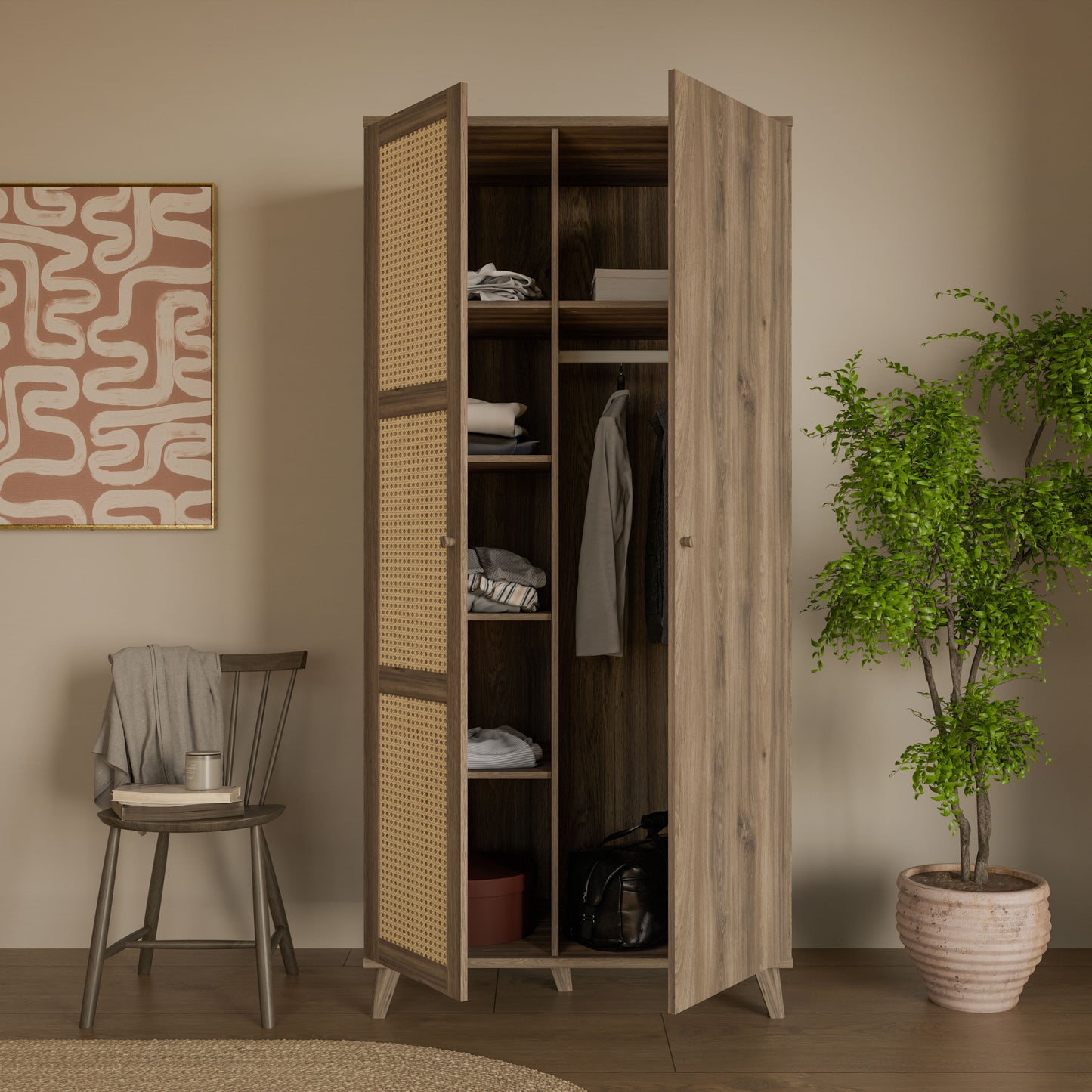 Dulap 2 Usi Glowkiss, Stejar Valencia Si Ratan Natural, 94.8 Cm