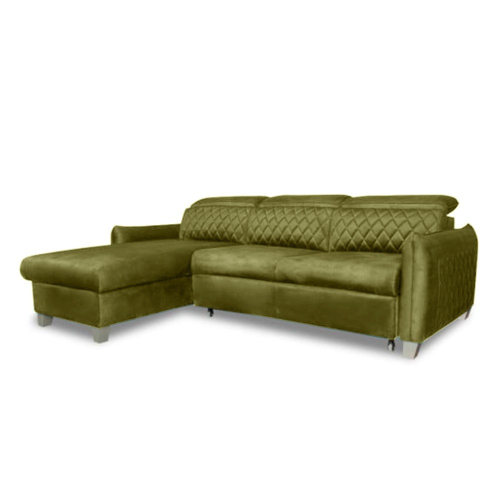 Coltar Extensibil Cu Insula Stanga Tiago, 5 Locuri, Tetiere Reglabile, Verde Olive, 243 Cm