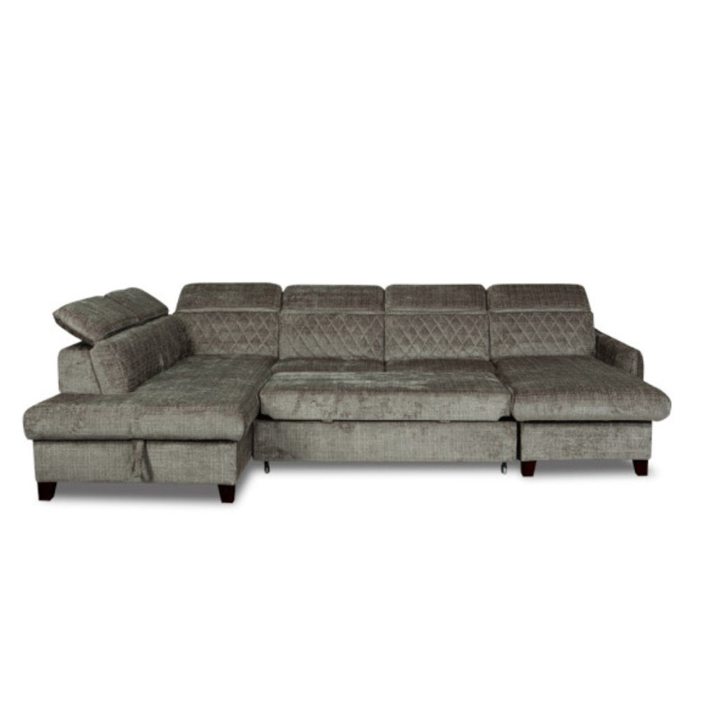Coltar U Extensibil Tiago, Stanga, Lada Depozitare 6 Locuri, Tetiere Reglabile, Colonial, Maro, 330 Cm