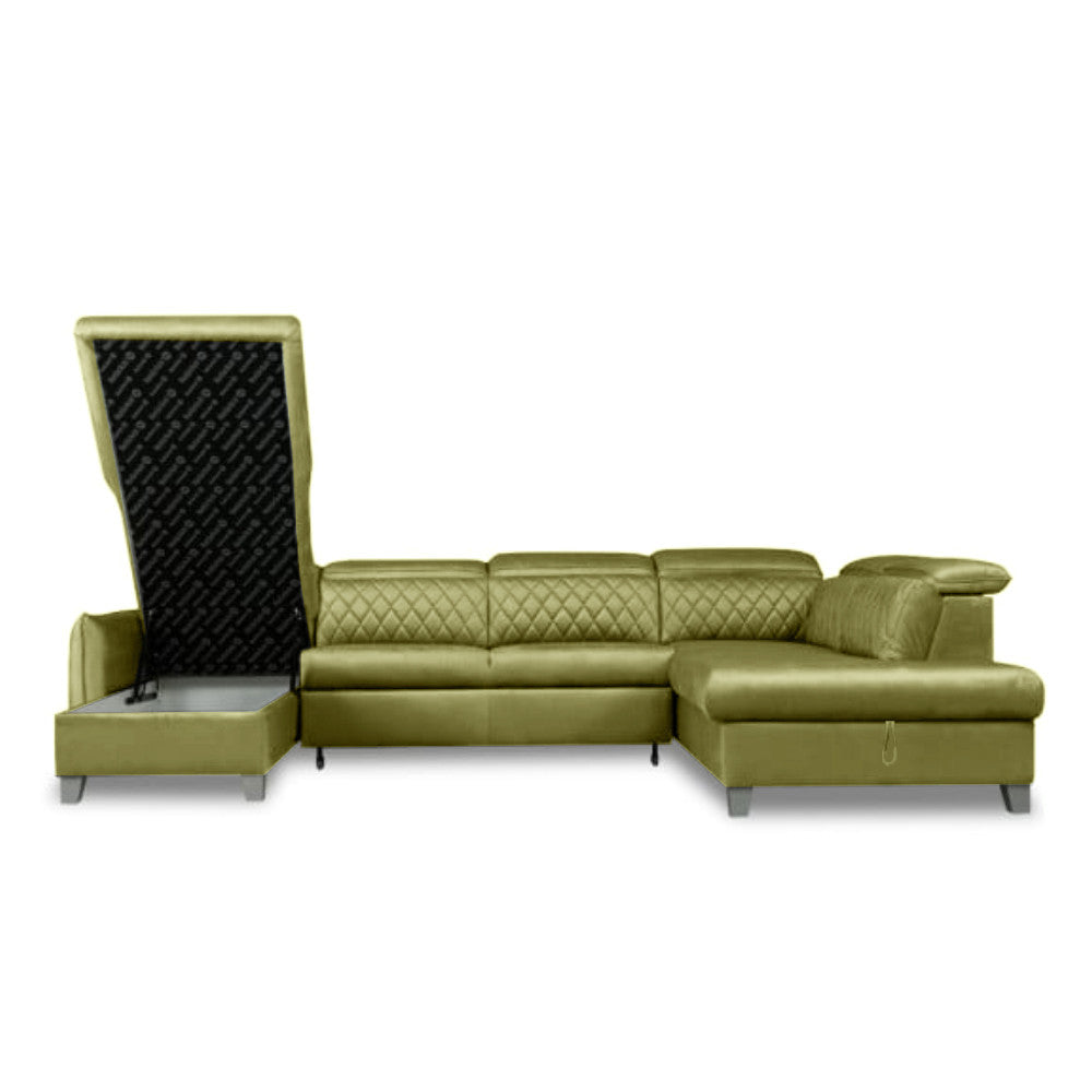Coltar U Extensibil Tiago, Cu Lada, Dreapta, 6 Locuri, Tetiere Reglabile, Verde Olive, 330 Cm