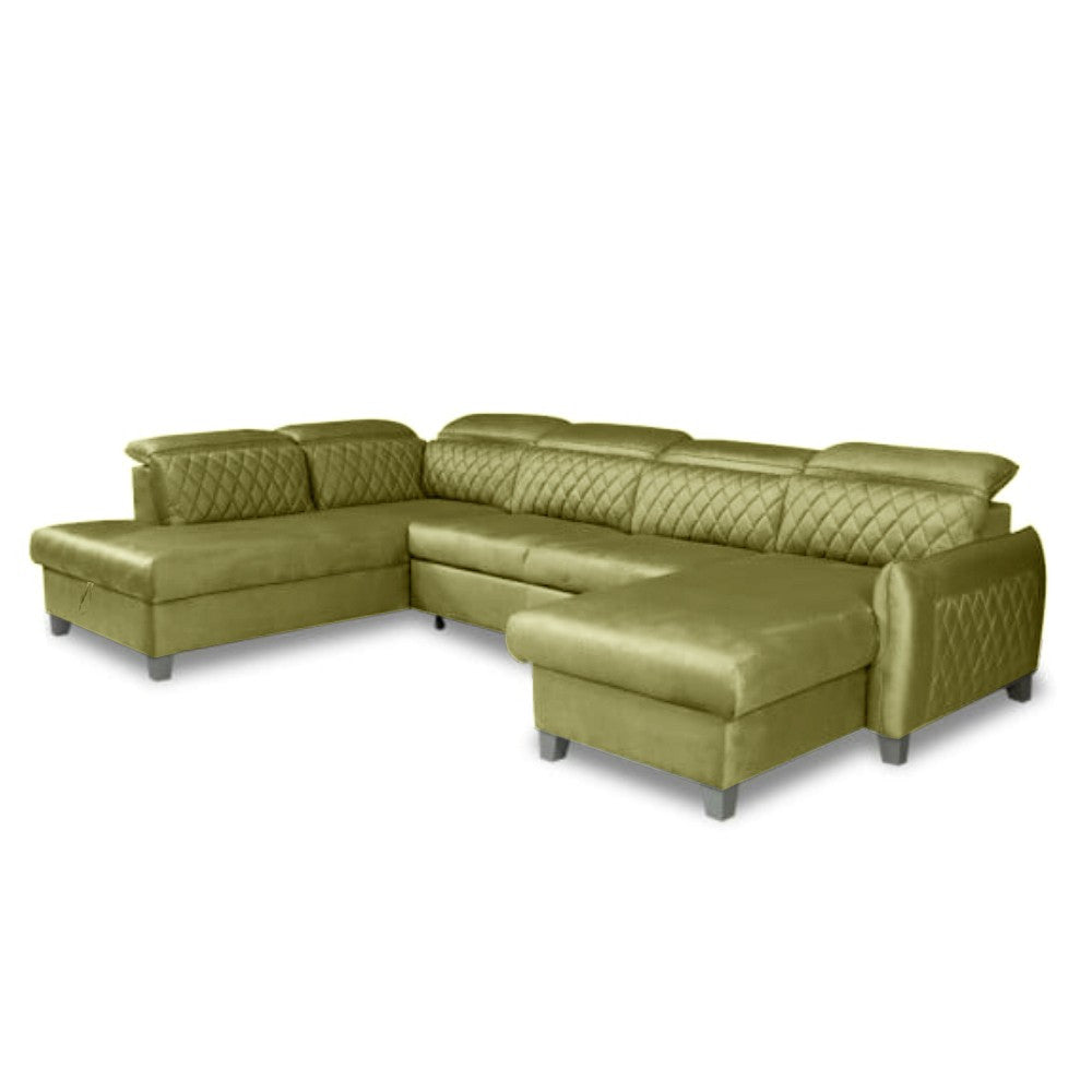 Coltar U Extensibil Tiago, Stanga, Cu Lada, 6 Locuri, Tetiere Reglabile, Negru, Verde Olive, 330 Cm