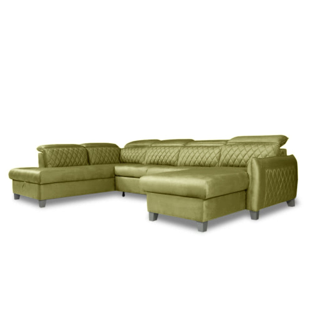 Coltar U Extensibil Tiago, Stanga, Cu Lada, 6 Locuri, Tetiere Reglabile, Negru, Verde Olive, 330 Cm