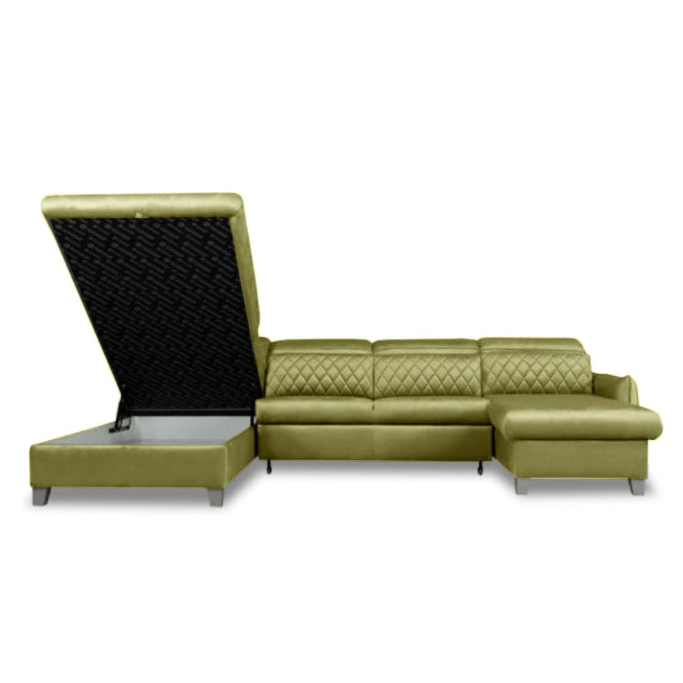 Coltar U Extensibil Tiago, Stanga, Cu Lada, 6 Locuri, Tetiere Reglabile, Negru, Verde Olive, 330 Cm