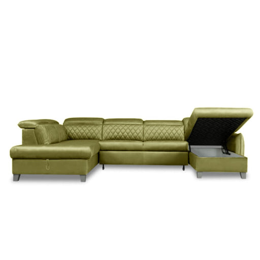 Coltar U Extensibil Tiago, Stanga, Cu Lada, 6 Locuri, Tetiere Reglabile, Negru, Verde Olive, 330 Cm
