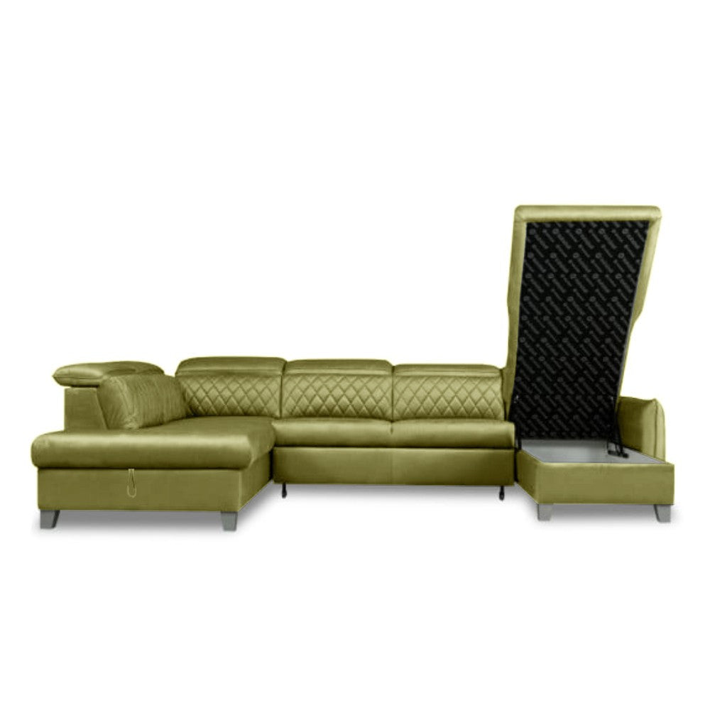 Coltar U Extensibil Tiago, Stanga, Cu Lada, 6 Locuri, Tetiere Reglabile, Negru, Verde Olive, 330 Cm
