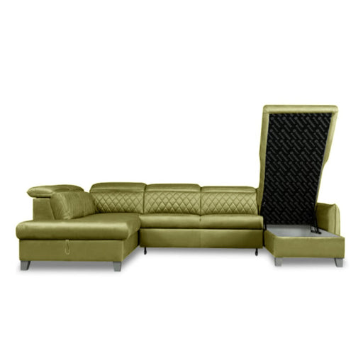 Coltar U Extensibil Tiago, Stanga, Cu Lada, 6 Locuri, Tetiere Reglabile, Negru, Verde Olive, 330 Cm
