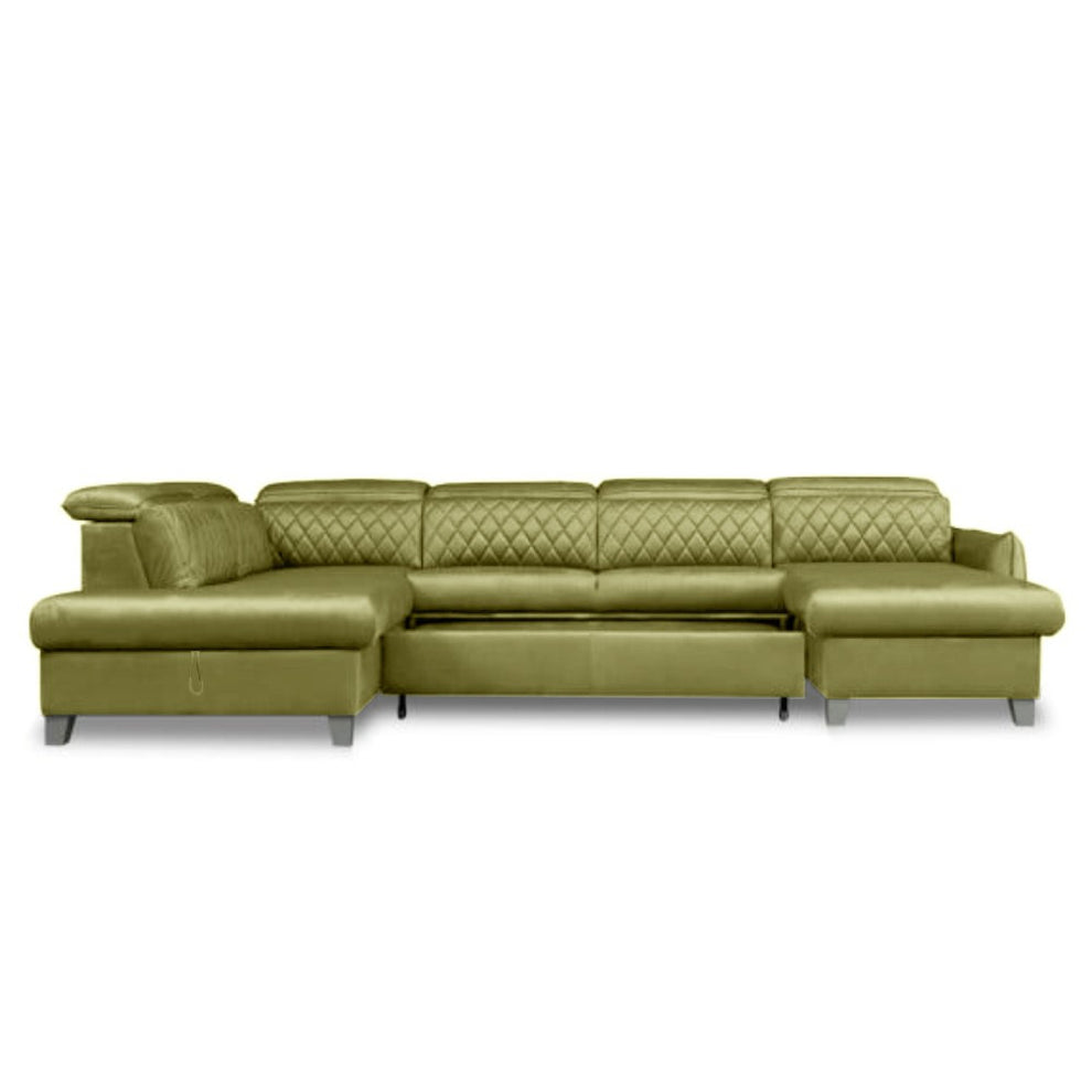 Coltar U Extensibil Tiago, Stanga, Cu Lada, 6 Locuri, Tetiere Reglabile, Negru, Verde Olive, 330 Cm