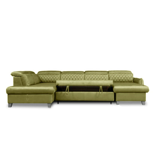 Coltar U Extensibil Tiago, Stanga, Cu Lada, 6 Locuri, Tetiere Reglabile, Negru, Verde Olive, 330 Cm
