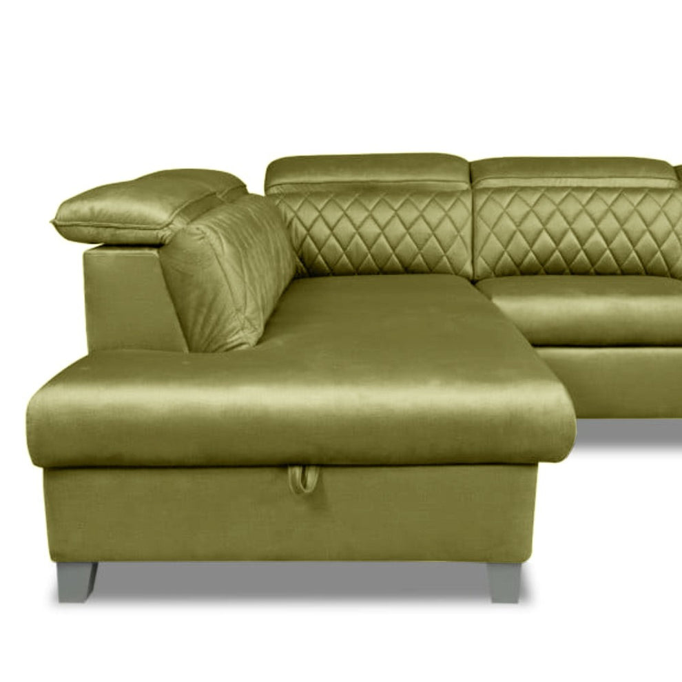 Coltar U Extensibil Tiago, Stanga, Cu Lada, 6 Locuri, Tetiere Reglabile, Negru, Verde Olive, 330 Cm