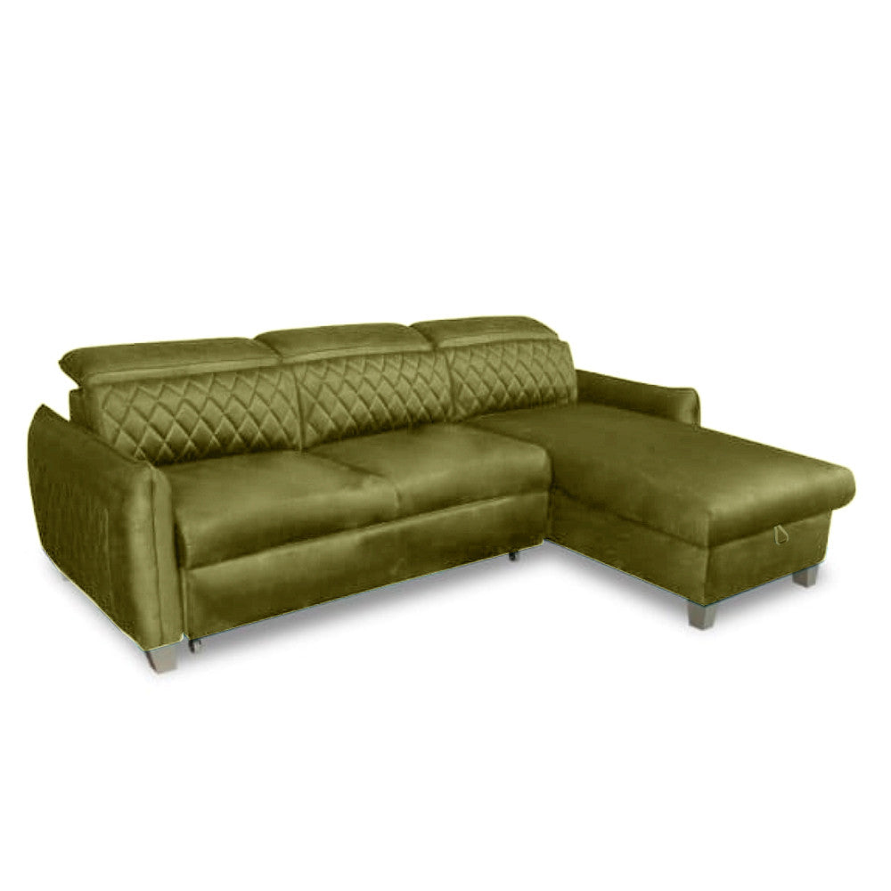 Coltar Extensibil Cu Insula Dreapta Cu Lada Tiago, 5 Locuri, Tetiere Reglabile, Verde Olive, 243 Cm