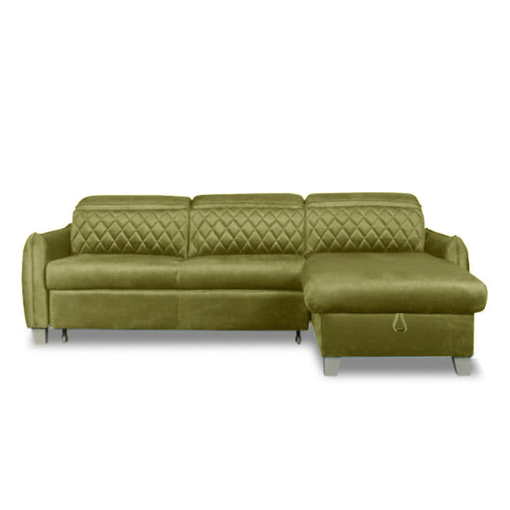 Coltar Extensibil Cu Insula Dreapta Cu Lada Tiago, 5 Locuri, Tetiere Reglabile, Verde Olive, 243 Cm