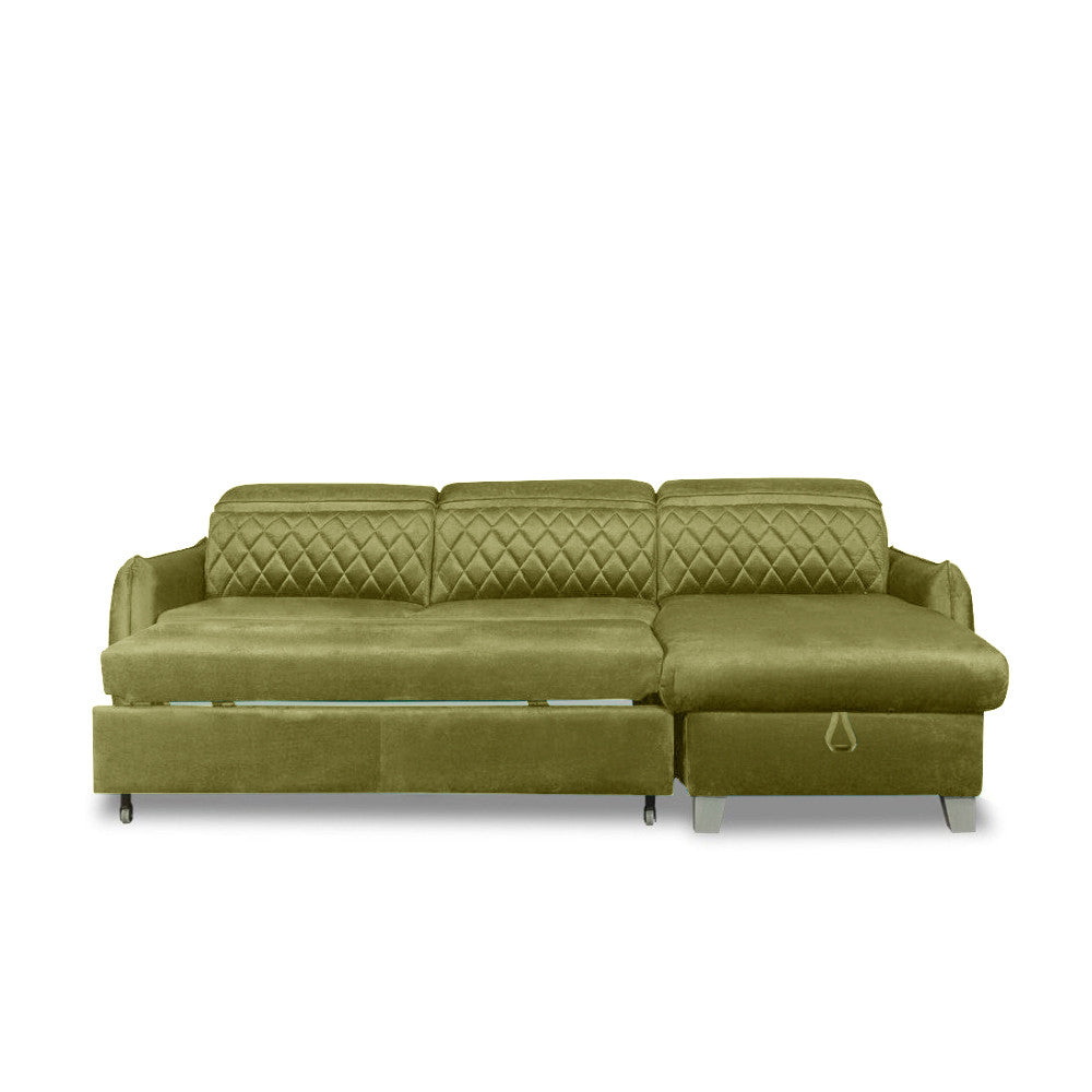 Coltar Extensibil Cu Insula Dreapta Cu Lada Tiago, 5 Locuri, Tetiere Reglabile, Verde Olive, 243 Cm