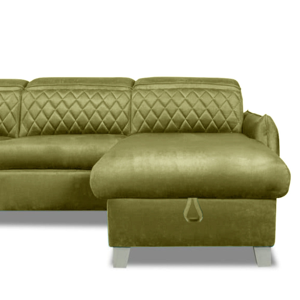 Coltar Extensibil Cu Insula Dreapta Cu Lada Tiago, 5 Locuri, Tetiere Reglabile, Verde Olive, 243 Cm