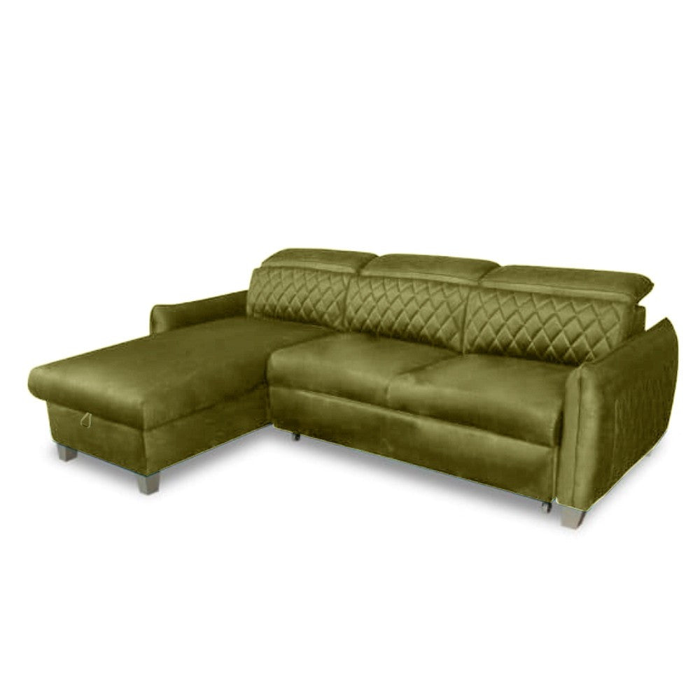 Coltar Extensibil Cu Insula Stanga Cu Lada Tiago, 5 Locuri, Tetiere Reglabile, Verde Olive, 243 Cm