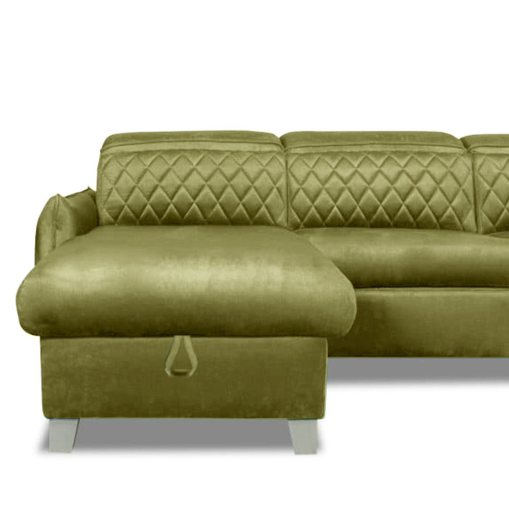 Coltar Extensibil Cu Insula Stanga Cu Lada Tiago, 5 Locuri, Tetiere Reglabile, Verde Olive, 243 Cm