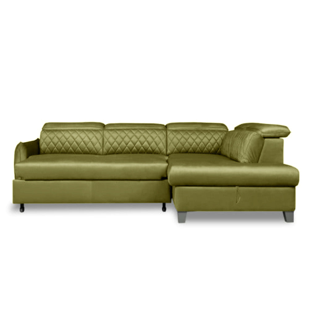 Coltar Extensibil Cu Otoman Dreapta Cu Lada Tiago, 5 Locuri, Tetiere Reglabile, Verde Olive, 255 Cm