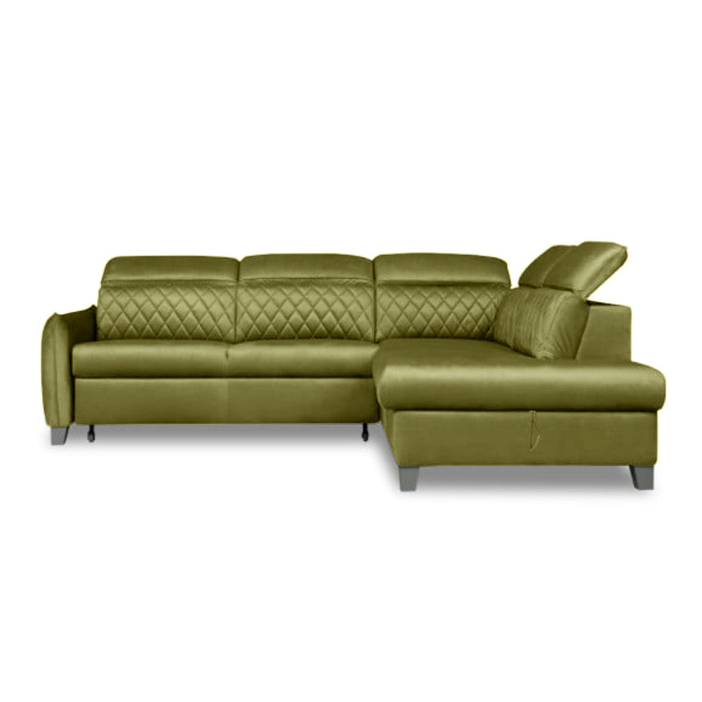 Coltar Extensibil Cu Otoman Dreapta Cu Lada Tiago, 5 Locuri, Tetiere Reglabile, Verde Olive, 255 Cm