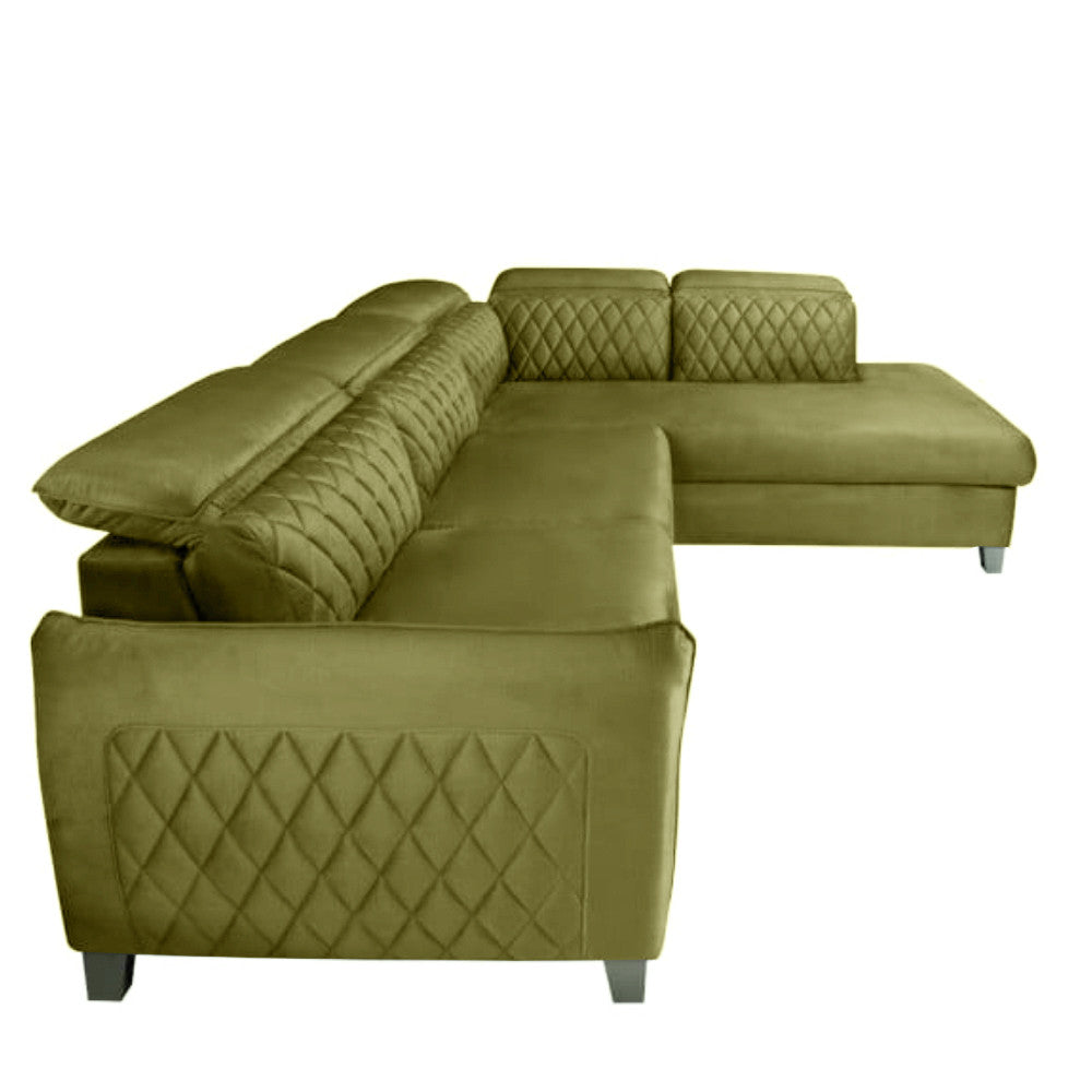 Coltar Extensibil Cu Otoman Dreapta Cu Lada Tiago, 5 Locuri, Tetiere Reglabile, Verde Olive, 255 Cm