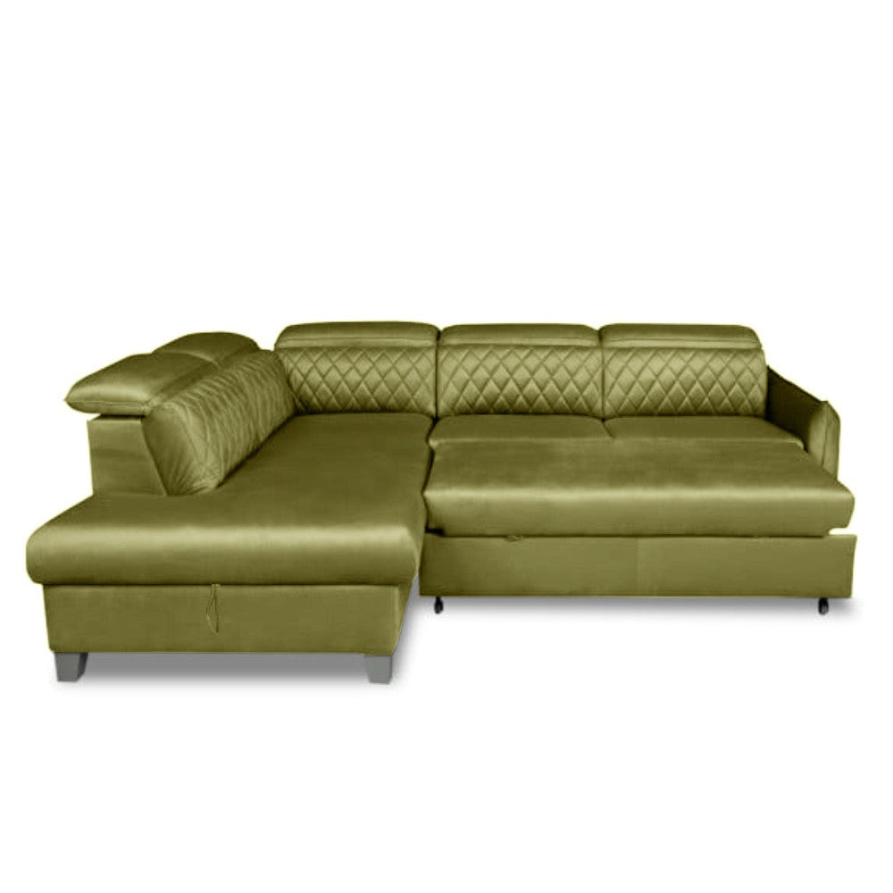 Coltar Extensibil Cu Otoman Stanga Cu Lada Tiago, 5 Locuri, Tetiere Reglabile, Colonial Si Verde Olive, 255 Cm