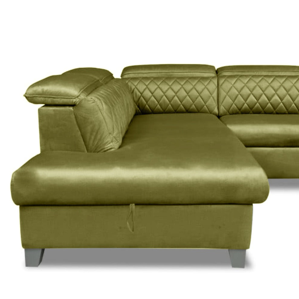 Coltar Extensibil Cu Otoman Stanga Cu Lada Tiago, 5 Locuri, Tetiere Reglabile, Colonial Si Verde Olive, 255 Cm