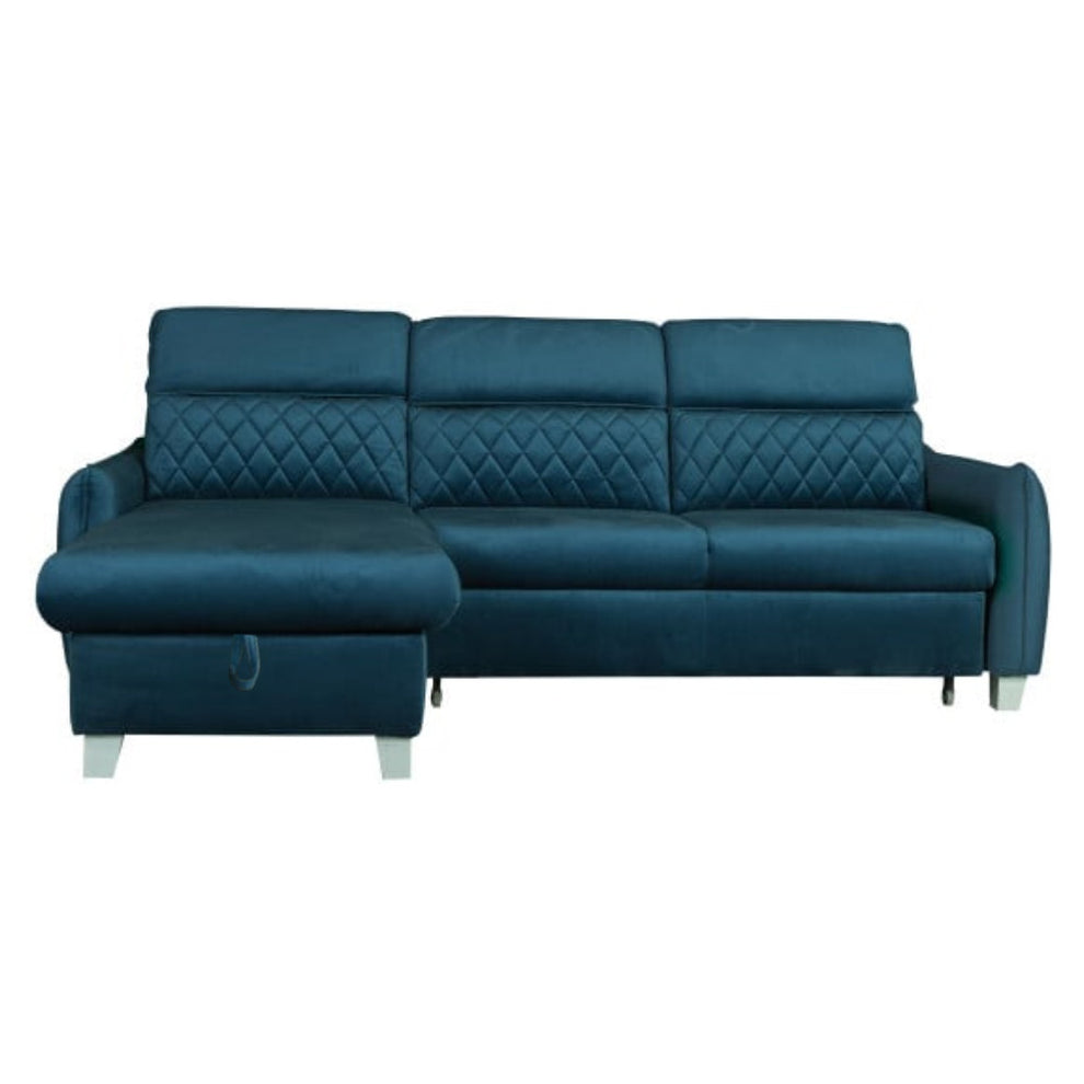 Coltar Extensibil Cu Insula Stanga Cu Lada Tiago, 5 Locuri, Tetiere Reglabile, Albastru, 243 Cm