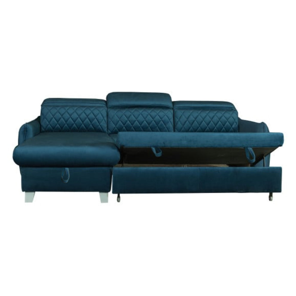 Coltar Extensibil Cu Insula Stanga Cu Lada Tiago, 5 Locuri, Tetiere Reglabile, Albastru, 243 Cm
