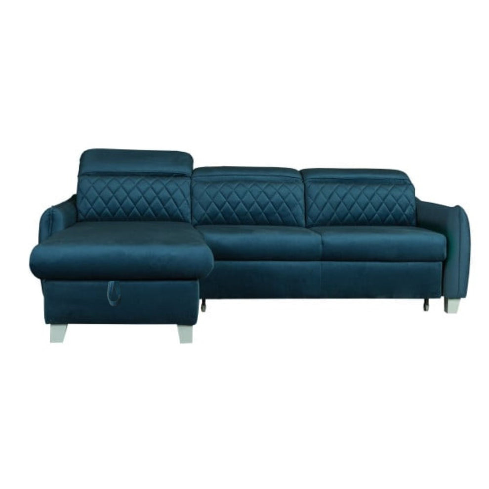 Coltar Extensibil Cu Insula Stanga Cu Lada Tiago, 5 Locuri, Tetiere Reglabile, Albastru, 243 Cm