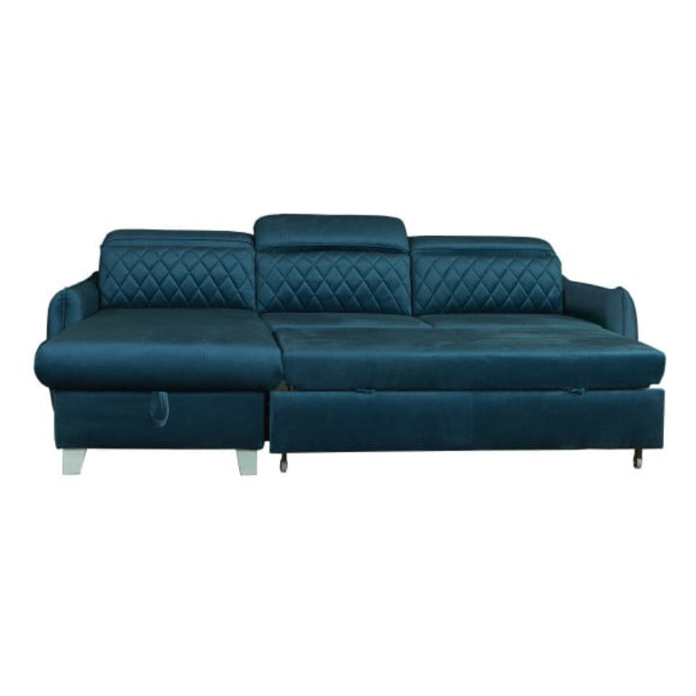 Coltar Extensibil Cu Insula Stanga Cu Lada Tiago, 5 Locuri, Tetiere Reglabile, Albastru, 243 Cm
