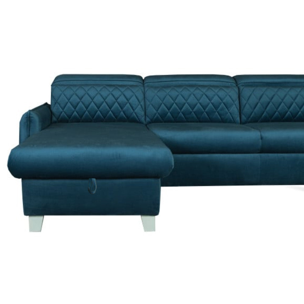 Coltar Extensibil Cu Insula Stanga Cu Lada Tiago, 5 Locuri, Tetiere Reglabile, Albastru, 243 Cm