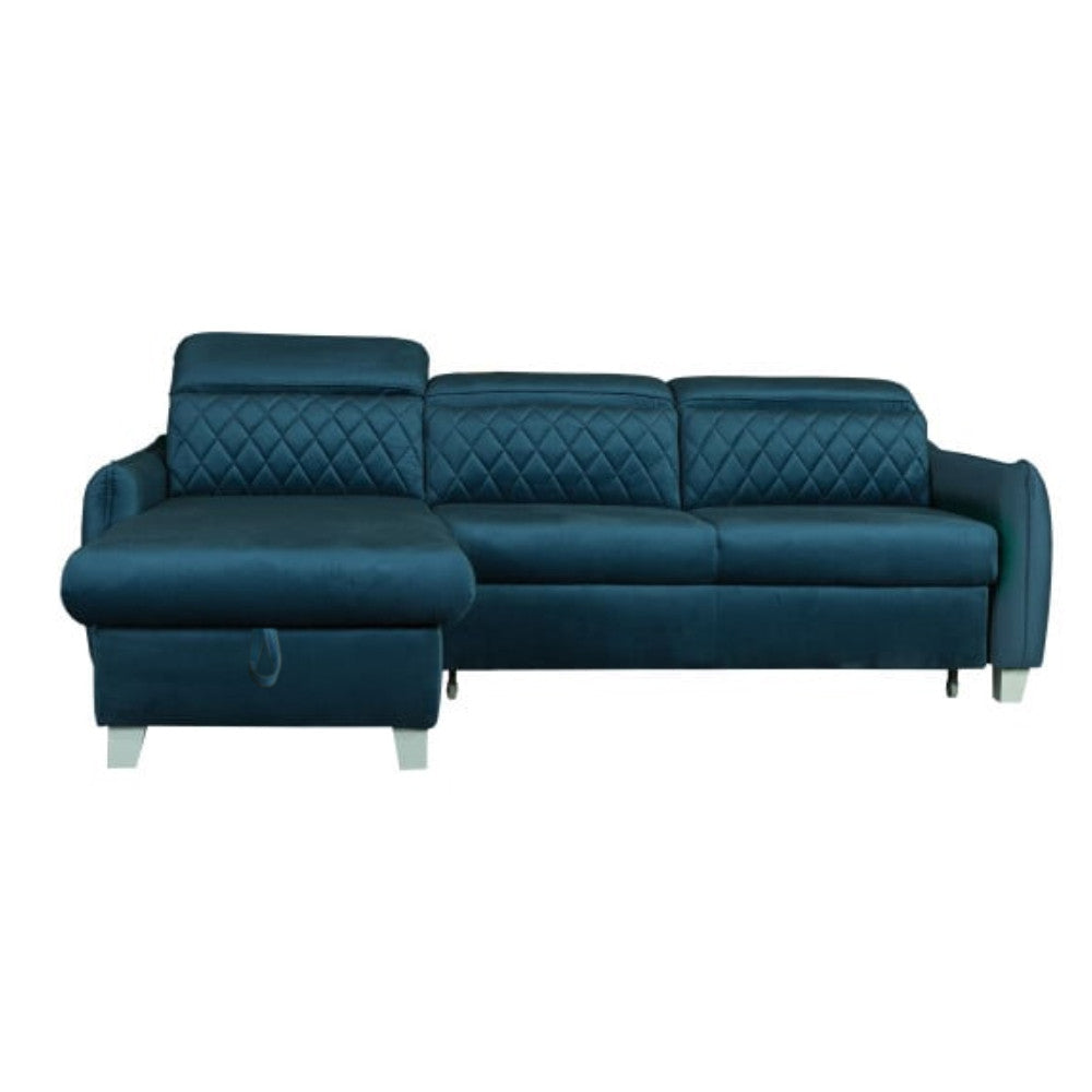 Coltar Extensibil Cu Insula Stanga Cu Lada Tiago, 5 Locuri, Tetiere Reglabile, Albastru, 243 Cm