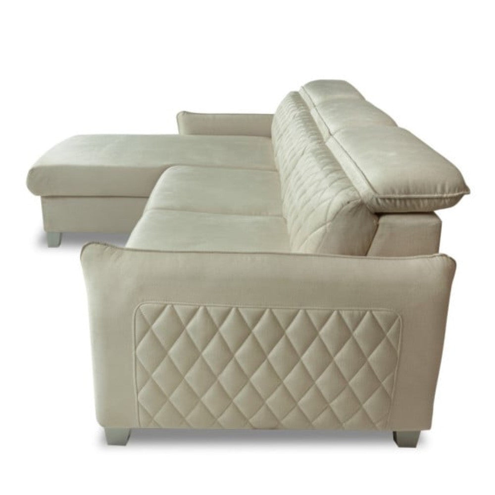 Coltar Extensibil Cu Insula Stanga Cu Lada Tiago, 5 Locuri, Tetiere Reglabile, Crem, 243 Cm