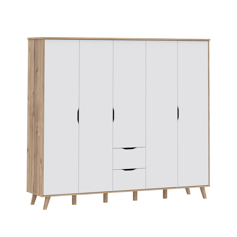 Dulap 5 Usi Vankka, Stejar pardosit si Alb, 228.8 Cm
