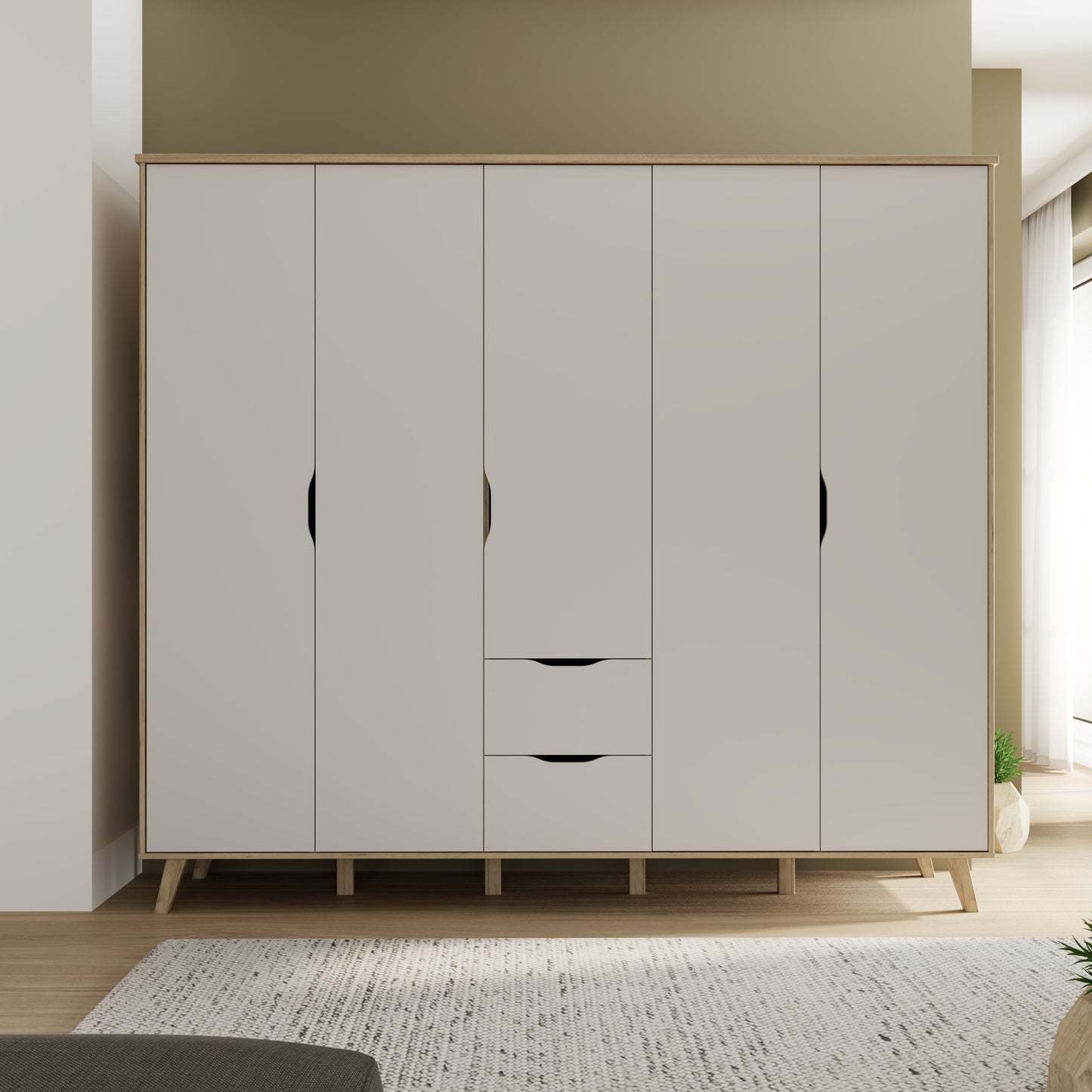 Dulap 5 Usi Vankka, Stejar pardosit si Alb, 228.8 Cm