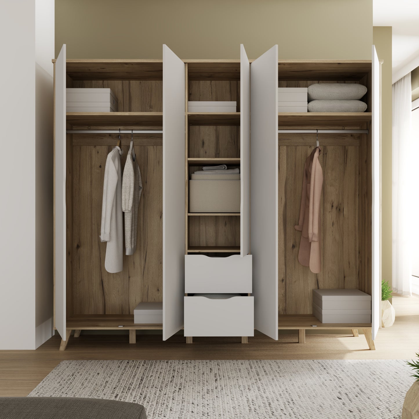 Dulap 5 Usi Vankka, Stejar pardosit si Alb, 228.8 Cm