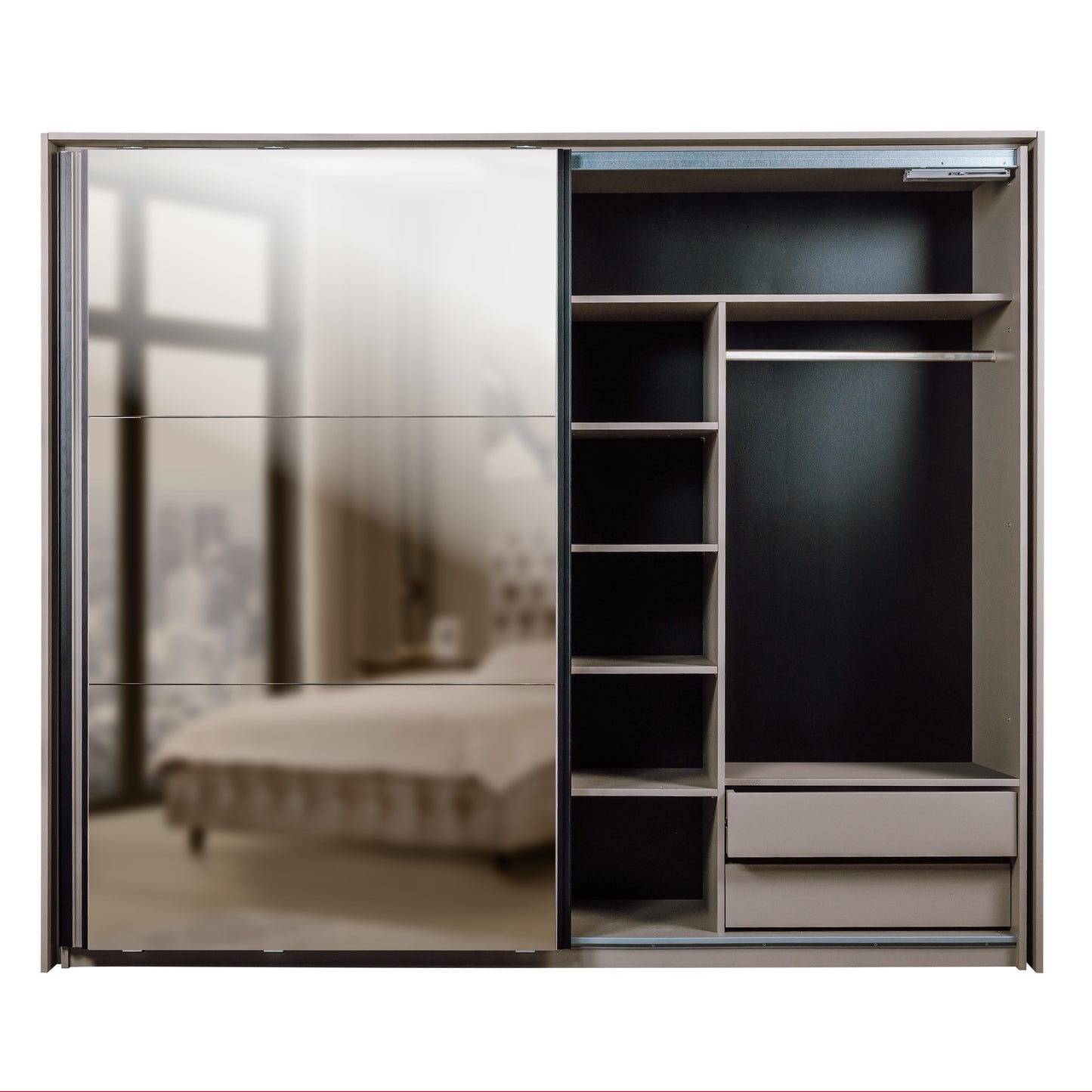 Set Dormitor Destiny, Pat Cu Dimensiune saltea 160 X 200 Cm, 2 Noptiere Si Dulap, Somiera Rabatabila