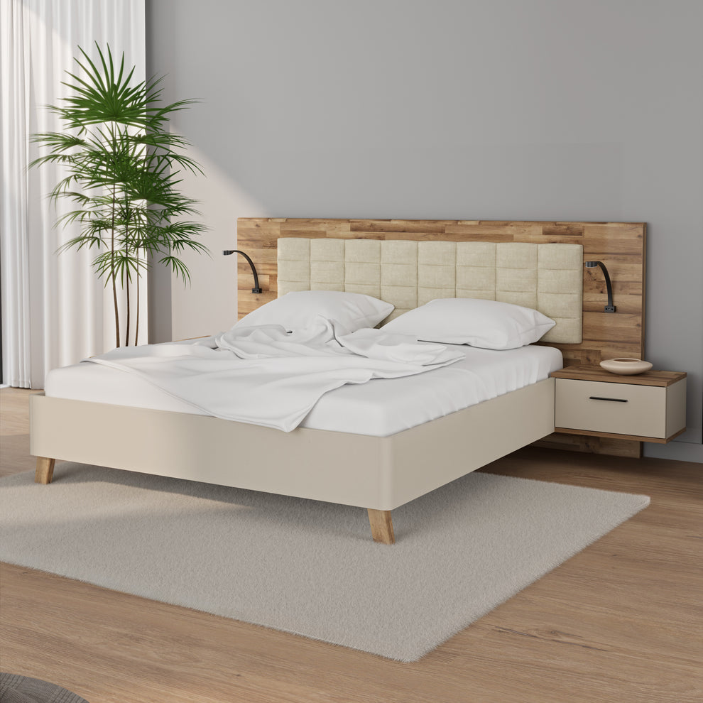 Pat Rocco, Dimensiune Saltea 180 x 200 Cm, Cu Noptiere, Stejar pardosit si nisip