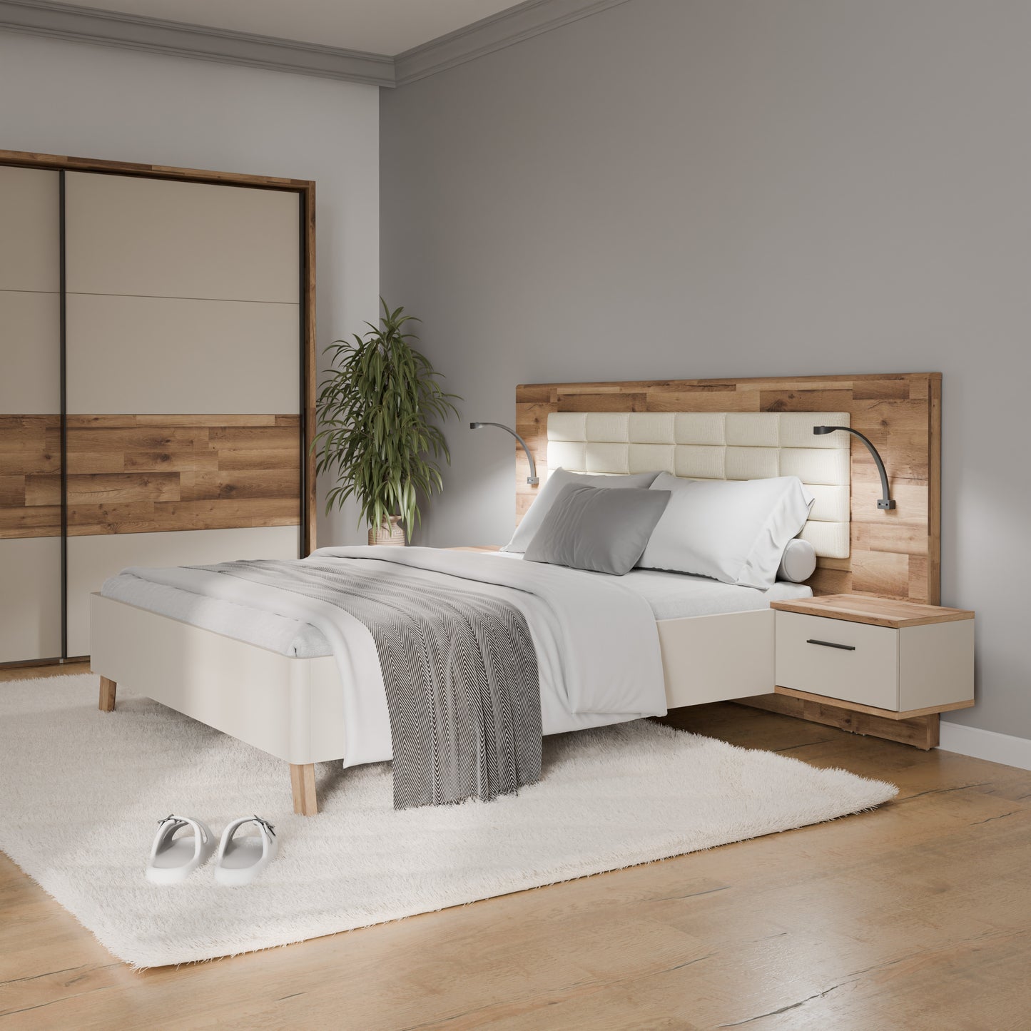 Pat Rocco, Dimensiune Saltea 160 x 200 Cm, Cu Noptiere, Stejar pardosit si nisip
